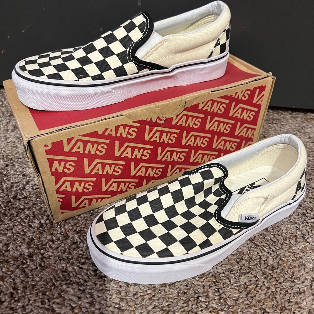 Vans Women's Black and Cream Checkered Slip-On Sneakers
